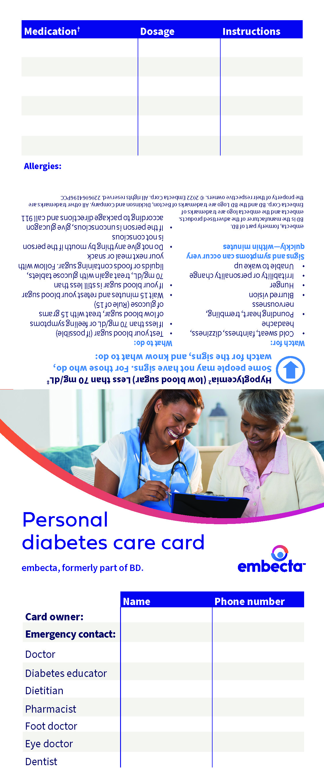 Personal Diabetes Care card